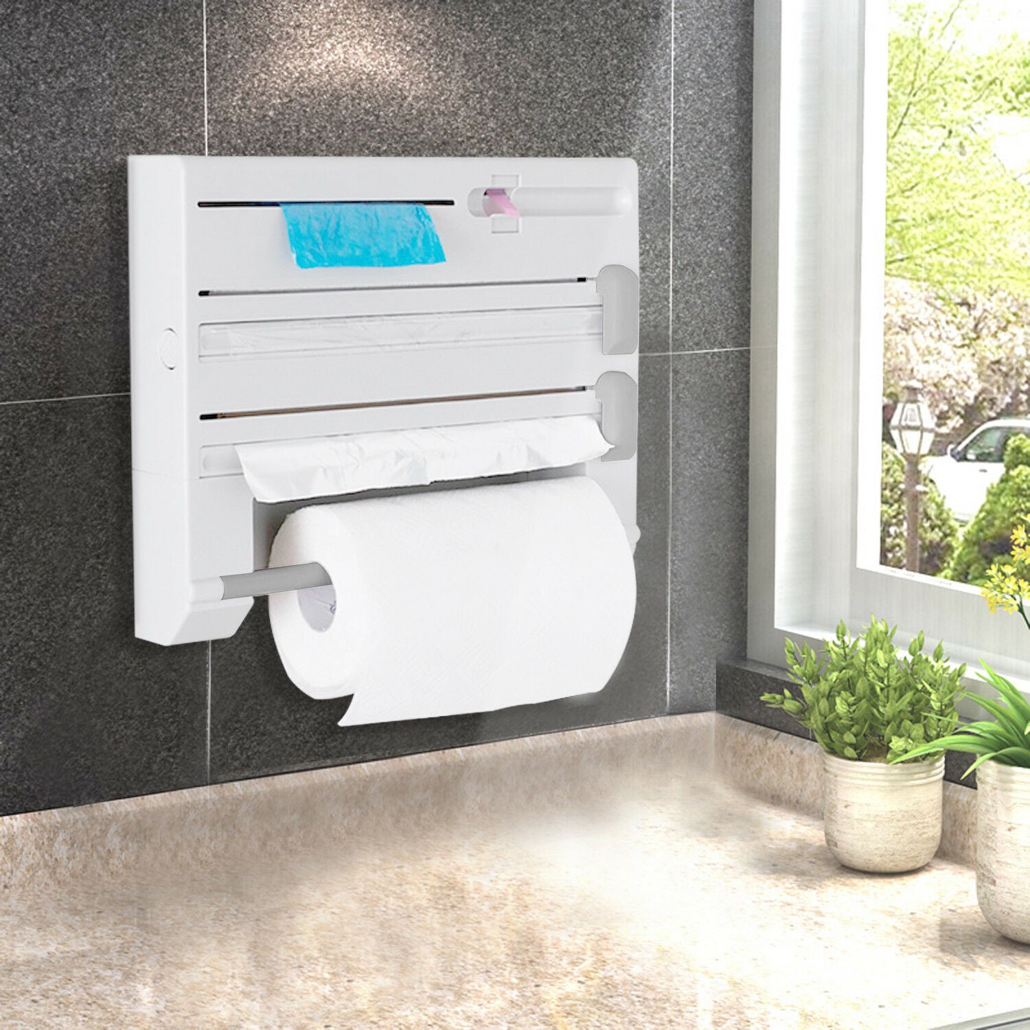 6In1 Wall Mounted Towel Holder Kitchen Rack Foil Roll Organizer Film Dispenser