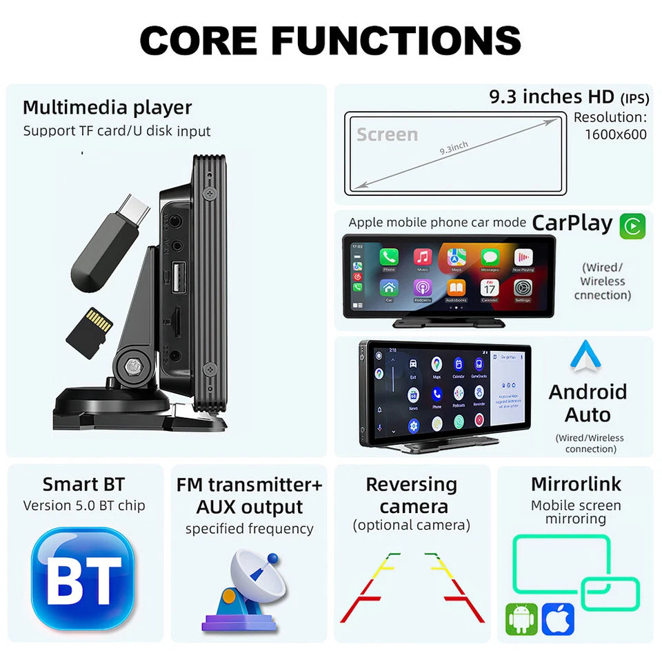 Portable 9 Inch Wireless Car Stereo for Apple Carplay & Android Auto Head Unit