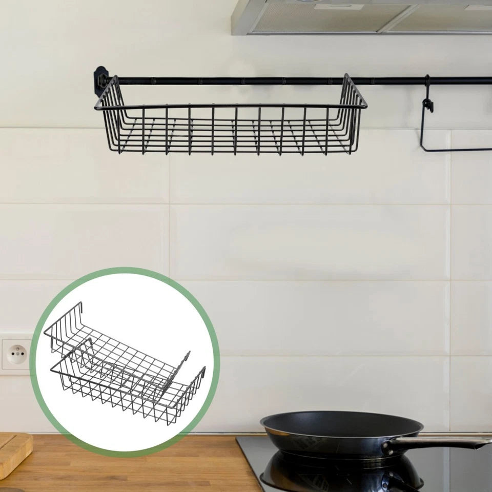 Set of 2 Wall Mounted Iron Grid Storage Baskets Black Hanging Organizers 22.5cm