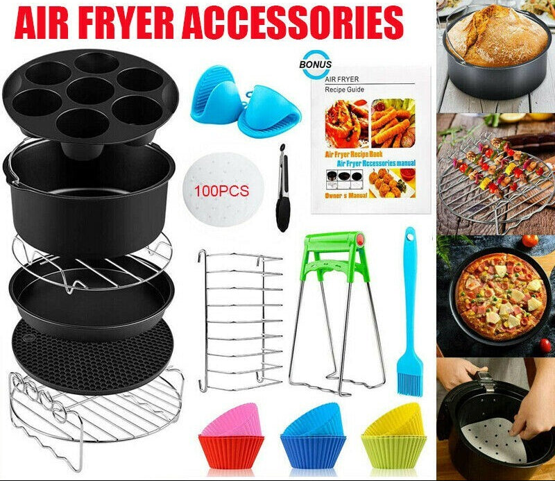 122Pcs 8 Inch Air Fryer Frying Cage Dish Baking Pan Rack Pizza Tray Accessories
