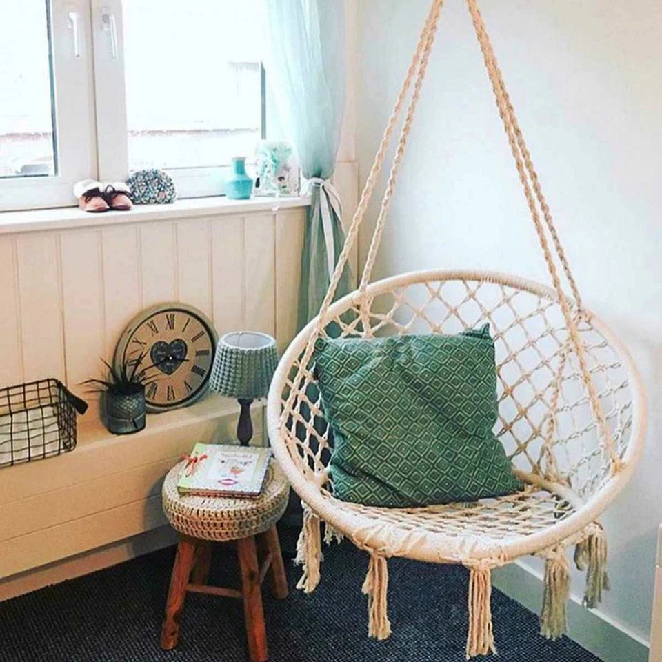 Macrame Hammock Chair Cotton Rope Swing Seat Beige Indoor Outdoor 120cm 150kg