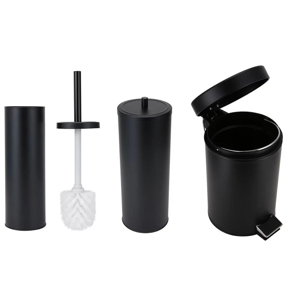 3pce Black Bathroom Accessories Set Rubbish Bin Toilet Brush Toilet Roll Holder