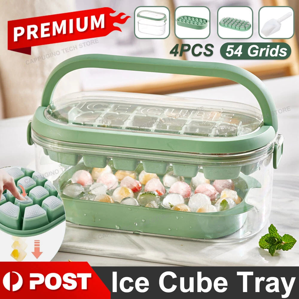54 Grid Ice Cube Tray Set Silicone Moulds with Storage Box Lid Scoop Green
