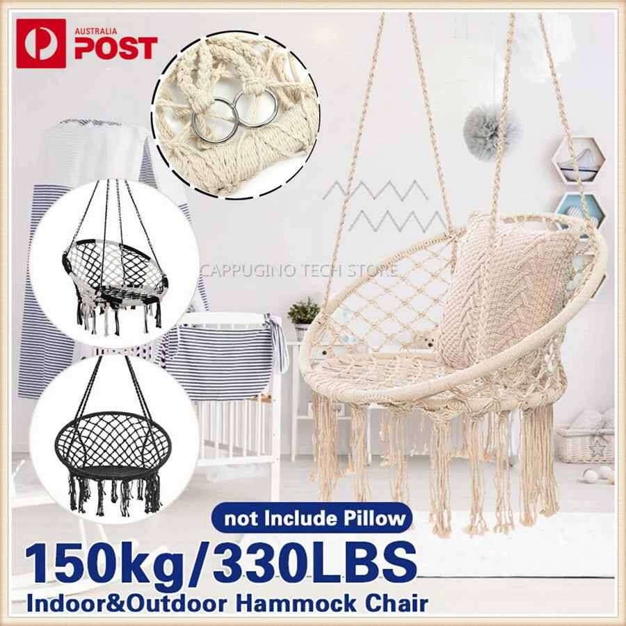 Macrame Hammock Chair Cotton Rope Swing Seat Beige Indoor Outdoor 120cm 150kg