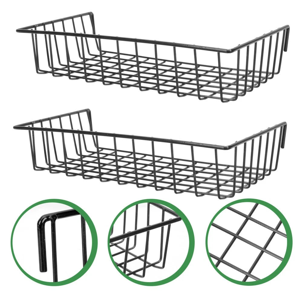 Set of 2 Wall Mounted Iron Grid Storage Baskets Black Hanging Organizers 22.5cm