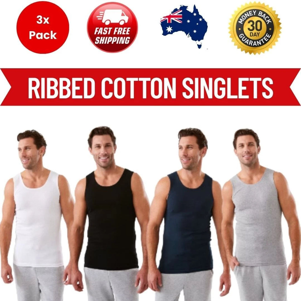 Mens 3 Pack 100% Cotton Singlets - XS-3XL