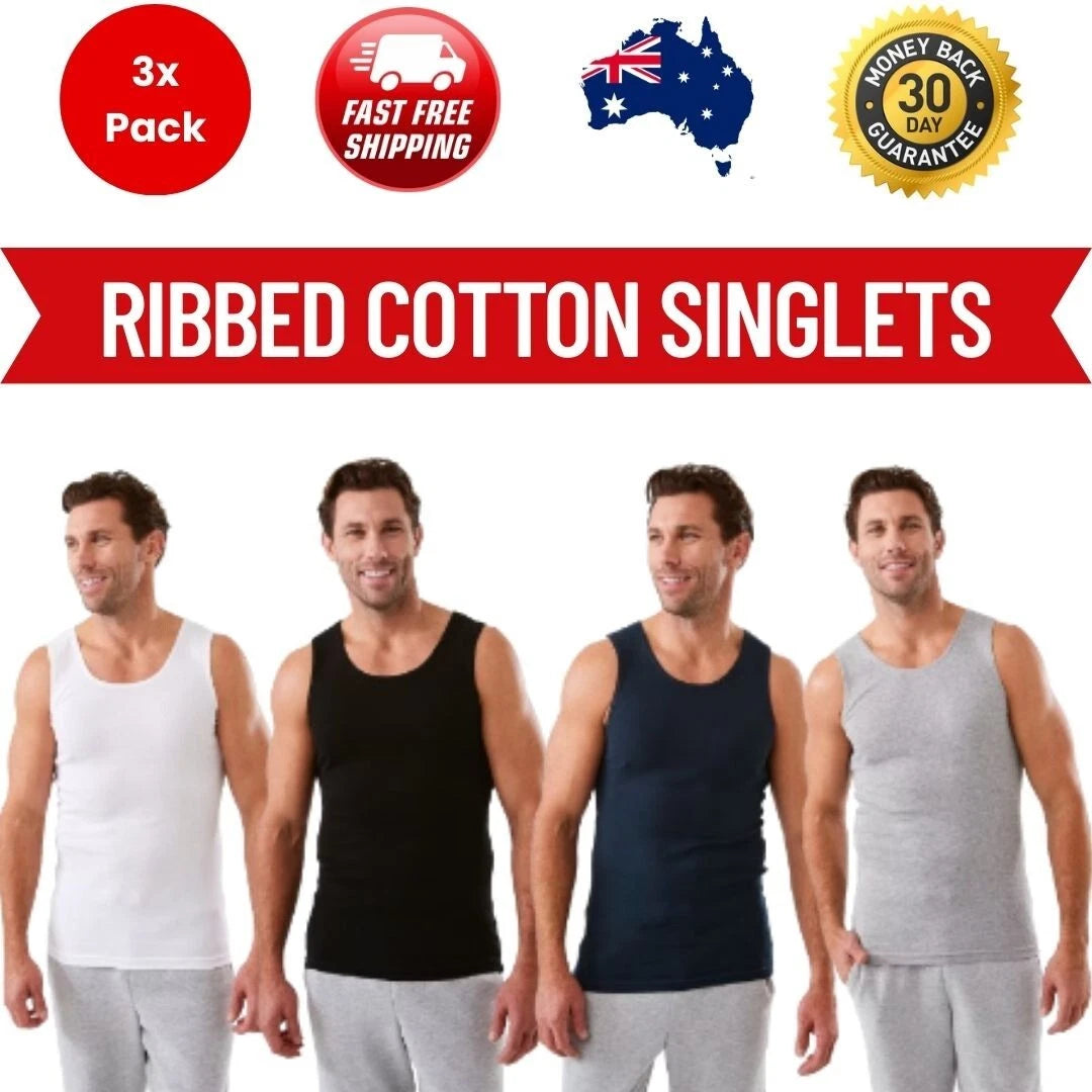 Mens 3 Pack 100% Cotton Singlets - XS-3XL