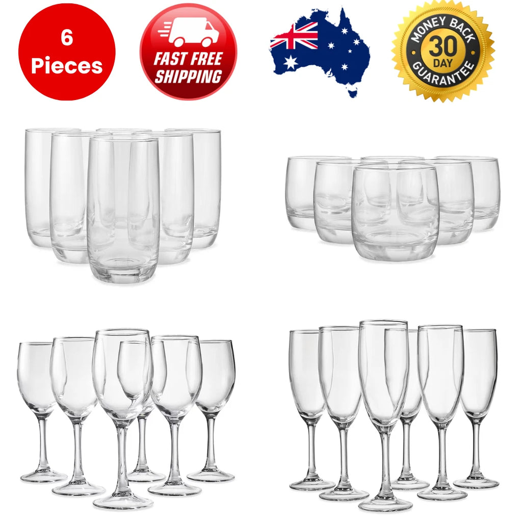 Set of 6 Everyday Drinking Glasses Highball Flute Tumblers Wine & water Glass