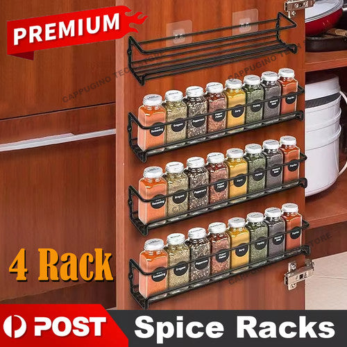 4 Tier Spice Rack Wall Mounted Kitchen Storage Shelves Stainless Steel Black 29cm