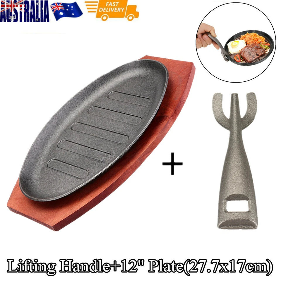 12" Cast Iron Steak Plate Sizzling Serving Platter Pan Sizzler Plate & Wood Base