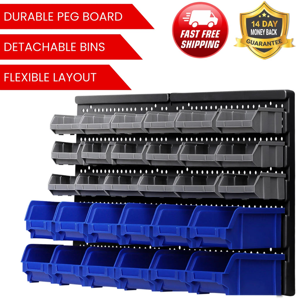 30 Bin Wall Mounted Storage Rack Organiser 18 Small 12 Large Bins Garage Workshop