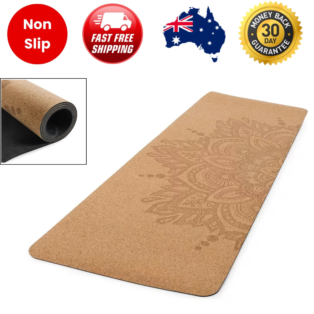 Branded Cork Yoga Exercise Mat Non-Slip Printed 173x61cm Fitness Pilates Meditation