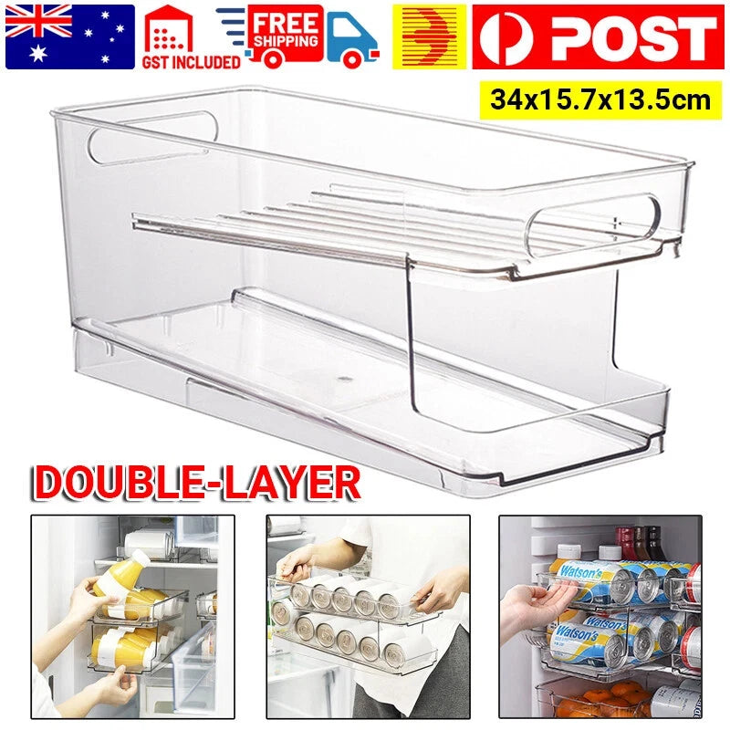 2-Layer Rolling Can Dispenser Plastic Fridge Beer Tin Holder Organiser Soda Rack
