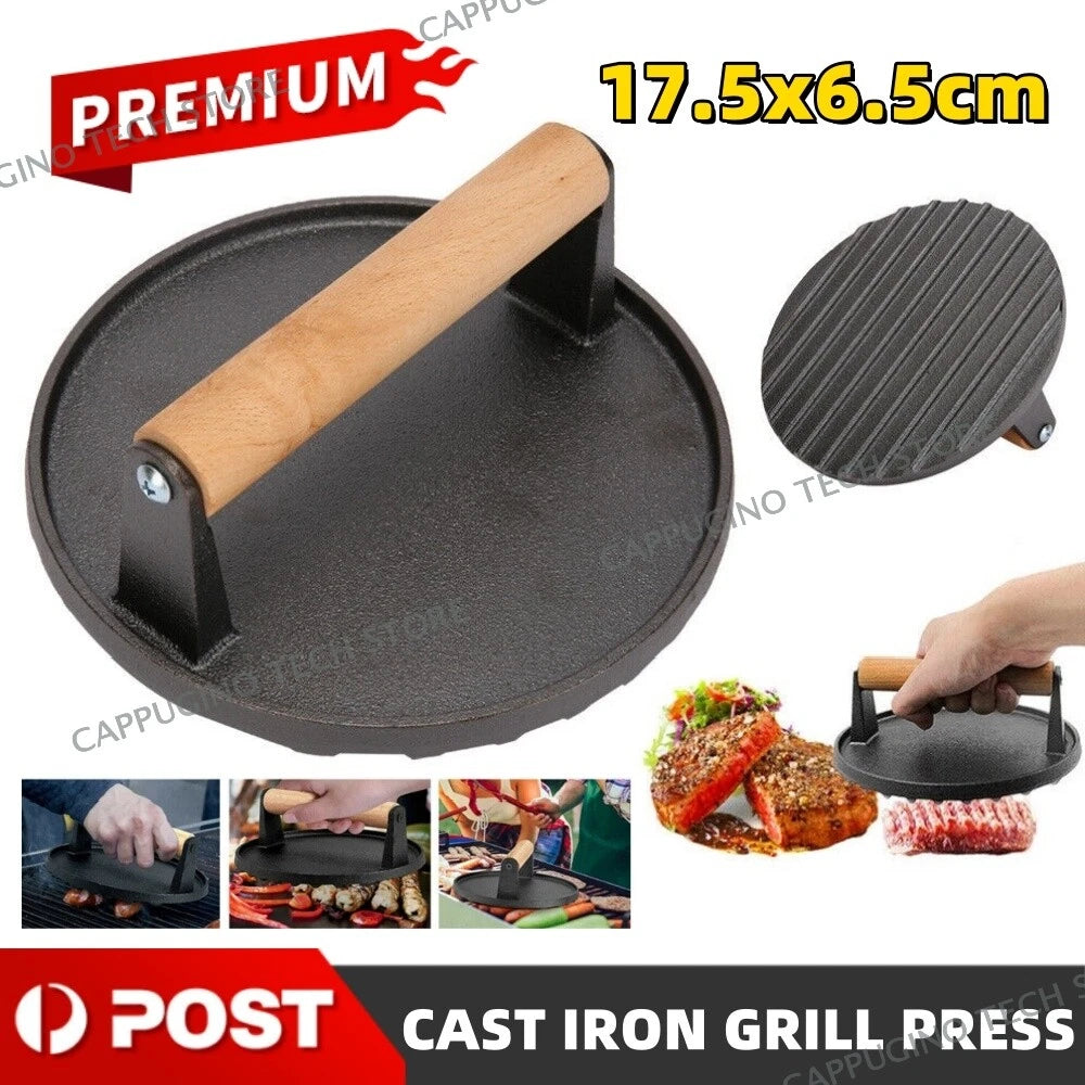 7" Cast Iron Burger Press with Solid Wood Handle Meat Smasher Grill Press