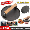 7" Cast Iron Burger Press with Solid Wood Handle Meat Smasher Grill Press