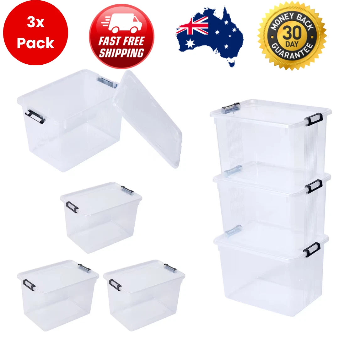 3 Pack 20L Plastic Storage Boxes with Lids Clear Organiser Tubs 20kg Capacity
