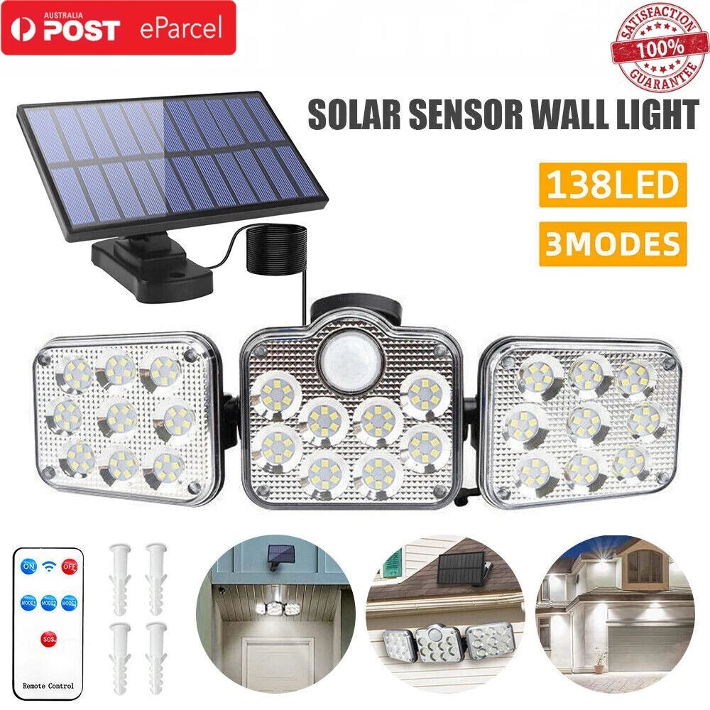 138 LED 3 Head Solar Motion Sensor Security Light IP65 Remote Control 2400mAh