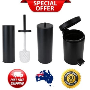 3pce Black Bathroom Accessories Set Rubbish Bin Toilet Brush Toilet Roll Holder