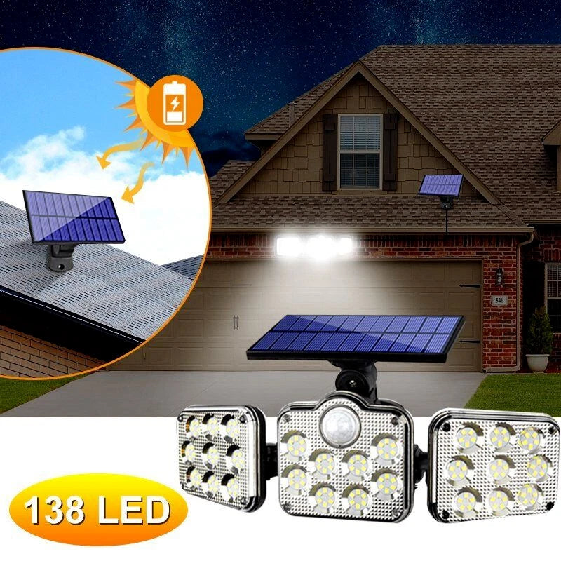 138 LED 3 Head Solar Motion Sensor Security Light IP65 Remote Control 2400mAh