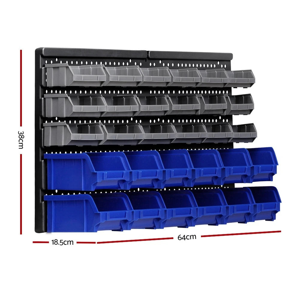 30 Bin Wall Mounted Storage Rack Organiser 18 Small 12 Large Bins Garage Workshop