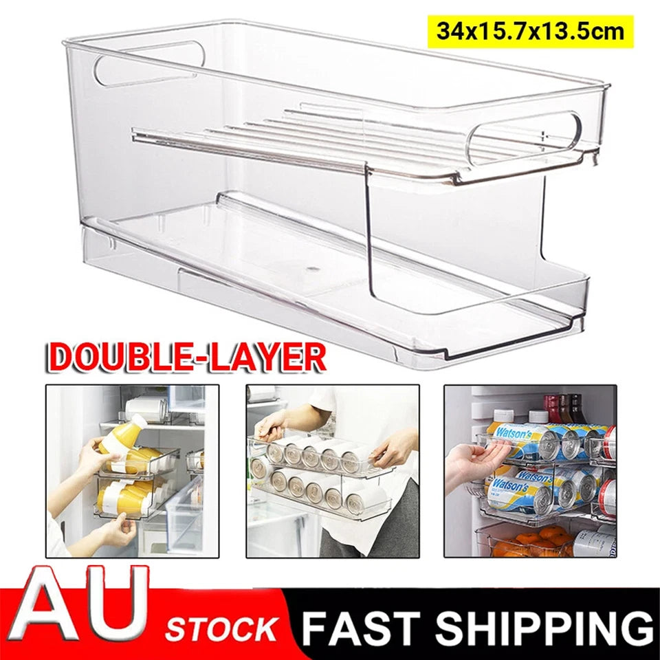 2-Layer Rolling Can Dispenser Plastic Fridge Beer Tin Holder Organiser Soda Rack