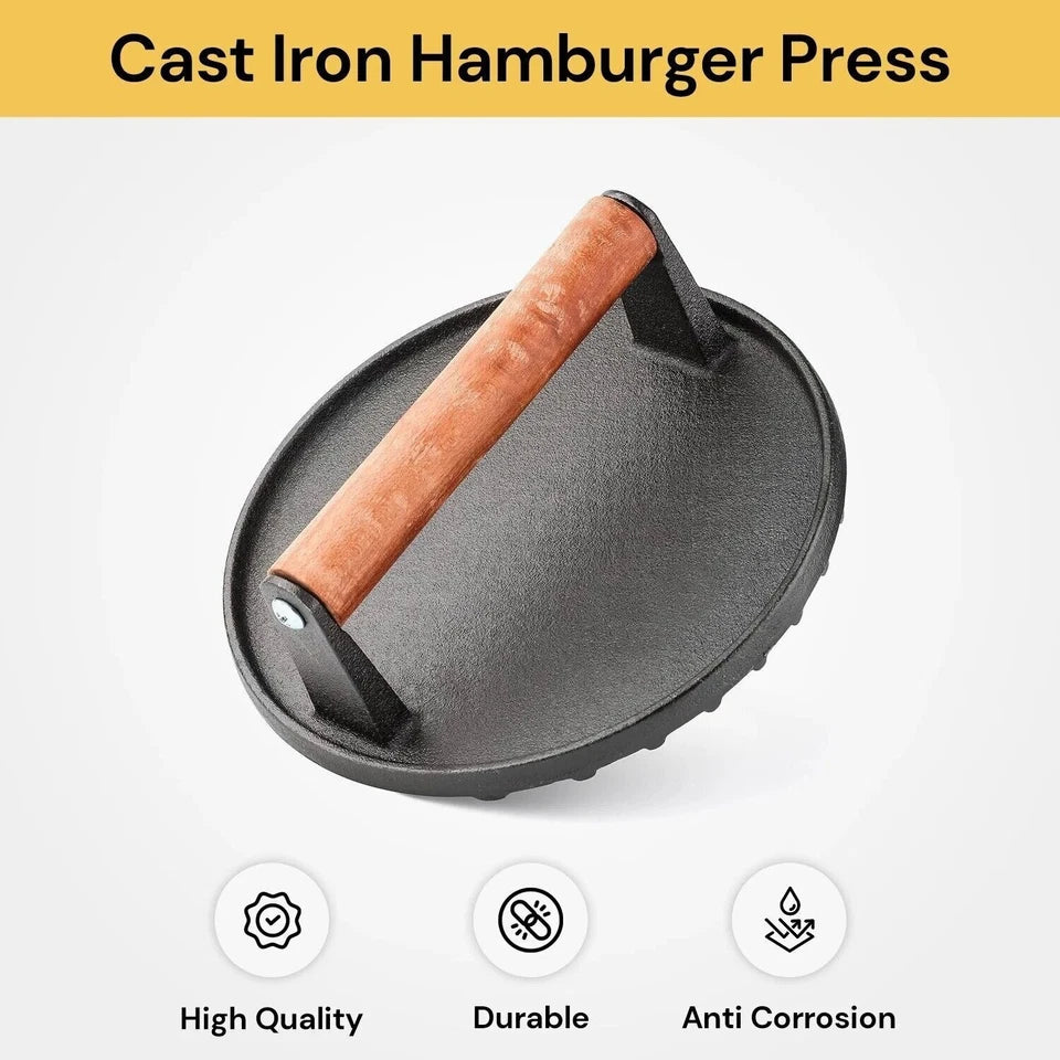 7" Cast Iron Burger Press with Solid Wood Handle Meat Smasher Grill Press
