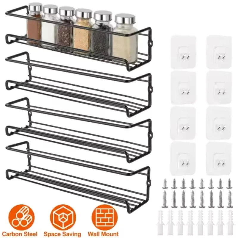 4 Tier Spice Rack Wall Mounted Kitchen Storage Shelves Stainless Steel Black 29cm