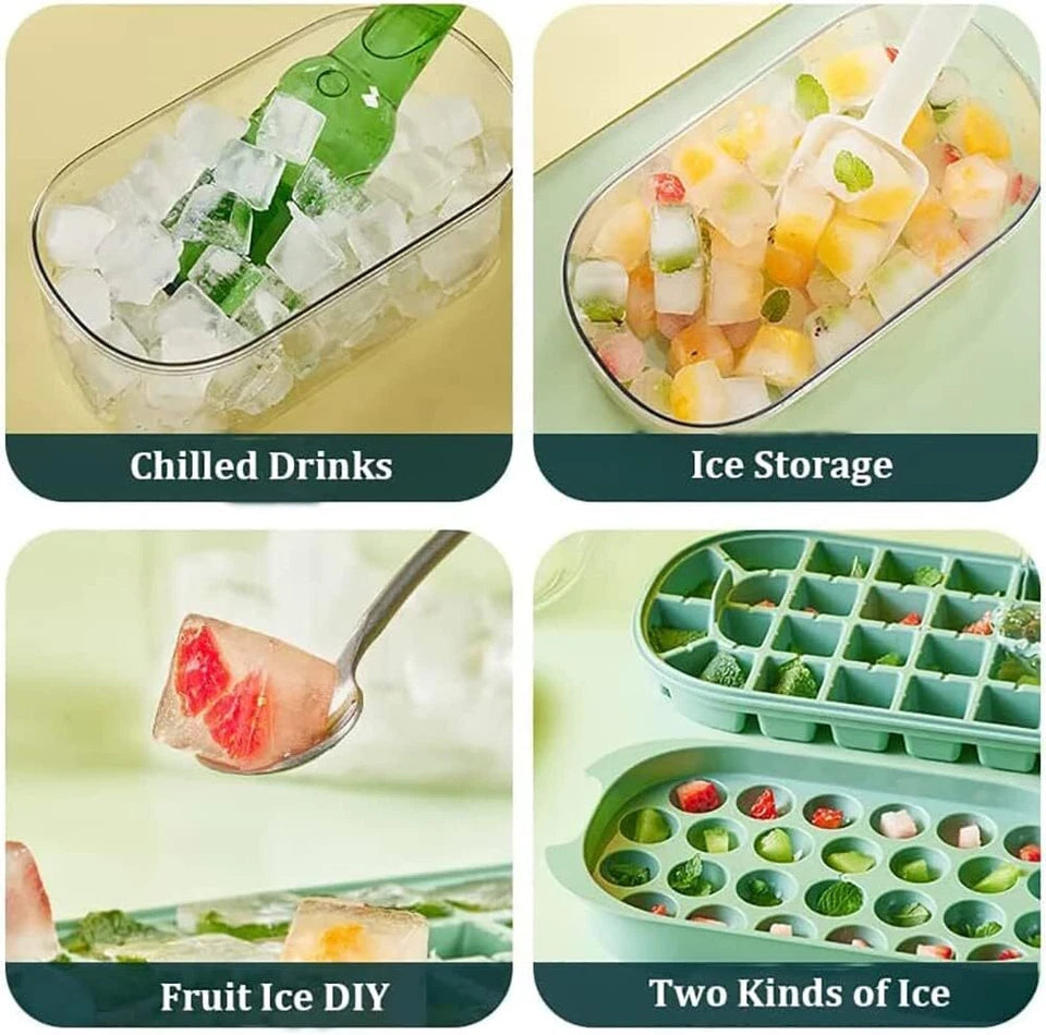 54 Grid Ice Cube Tray Set Silicone Moulds with Storage Box Lid Scoop Green