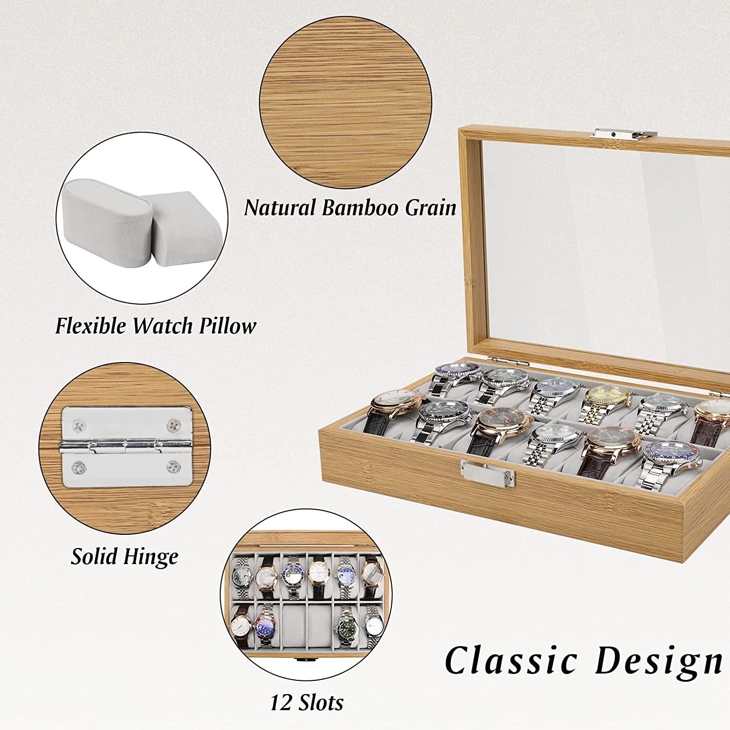 6 / 12 Grids Retro Wooden Watch Box Jewelry Display Storage Case Organizer Gift