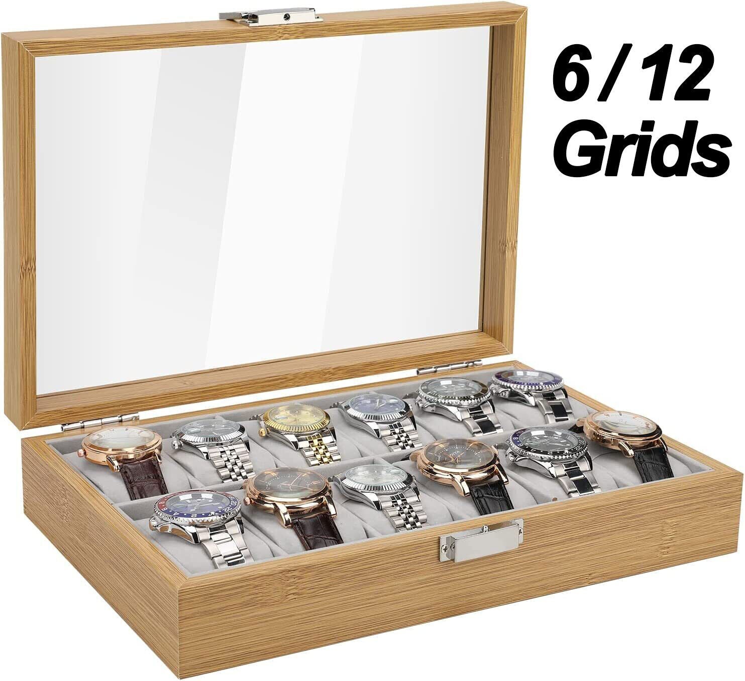 6 / 12 Grids Retro Wooden Watch Box Jewelry Display Storage Case Organizer Gift