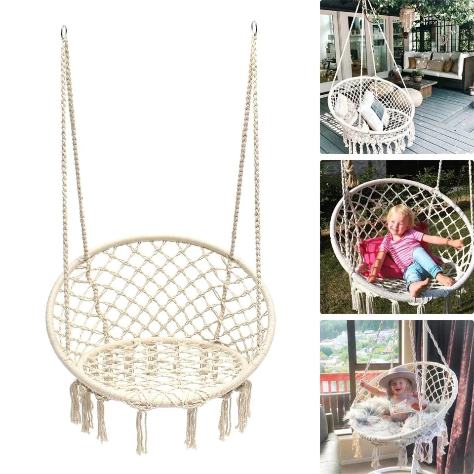 Macrame Hammock Chair Cotton Rope Swing Seat Beige Indoor Outdoor 120cm 150kg
