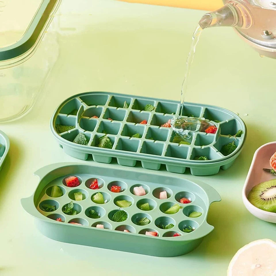 54 Grid Ice Cube Tray Set Silicone Moulds with Storage Box Lid Scoop Green