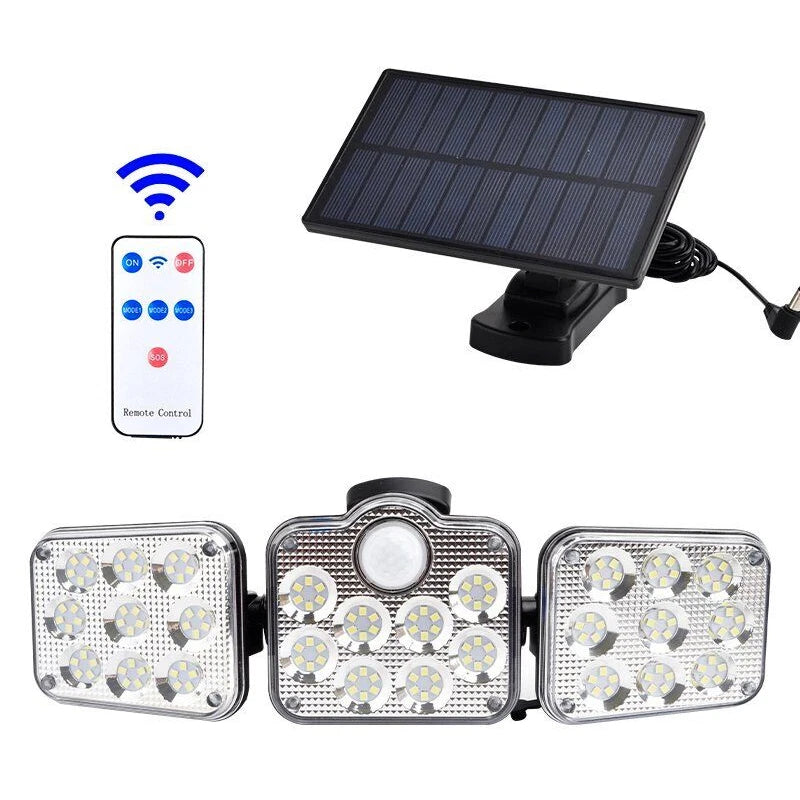 138 LED 3 Head Solar Motion Sensor Security Light IP65 Remote Control 2400mAh