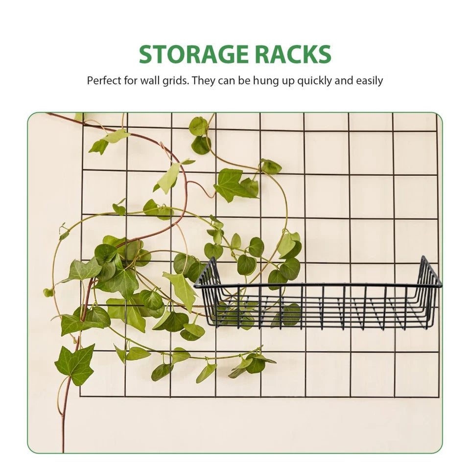 Set of 2 Wall Mounted Iron Grid Storage Baskets Black Hanging Organizers 22.5cm