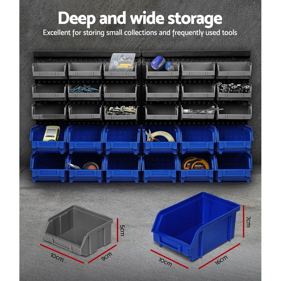 30 Bin Wall Mounted Storage Rack Organiser 18 Small 12 Large Bins Garage Workshop