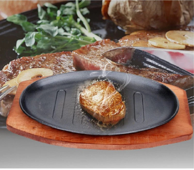 12" Cast Iron Steak Plate Sizzling Serving Platter Pan Sizzler Plate & Wood Base