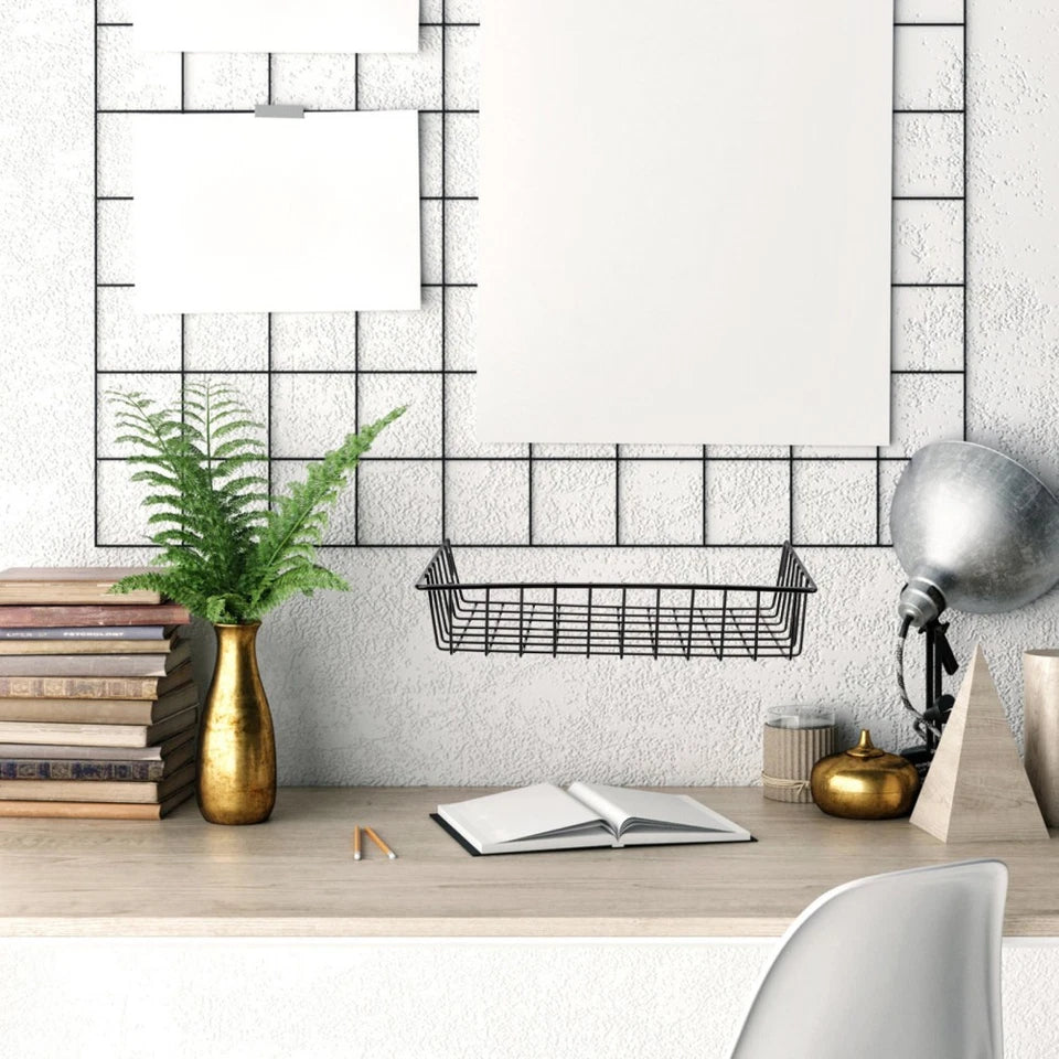 Set of 2 Wall Mounted Iron Grid Storage Baskets Black Hanging Organizers 22.5cm
