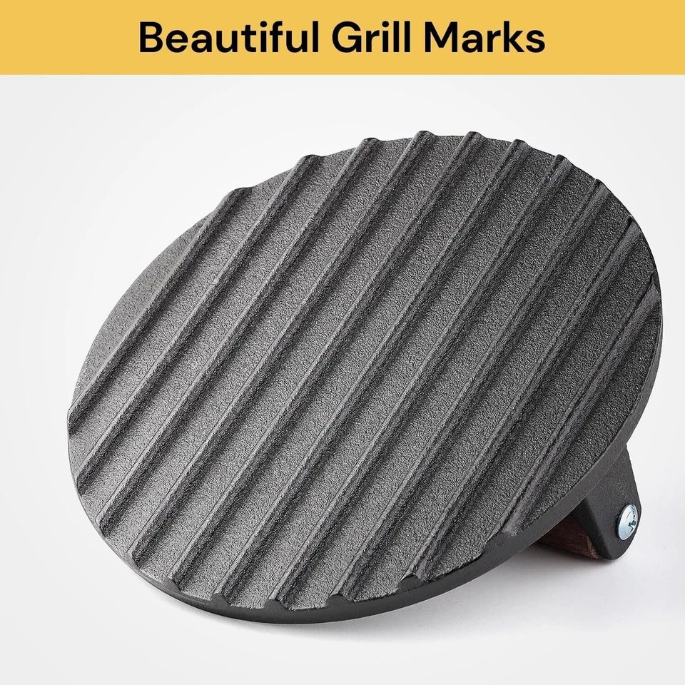 7" Cast Iron Burger Press with Solid Wood Handle Meat Smasher Grill Press
