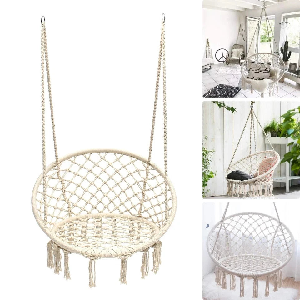 Macrame Hammock Chair Cotton Rope Swing Seat Beige Indoor Outdoor 120cm 150kg