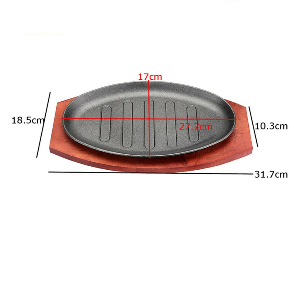 12" Cast Iron Steak Plate Sizzling Serving Platter Pan Sizzler Plate & Wood Base
