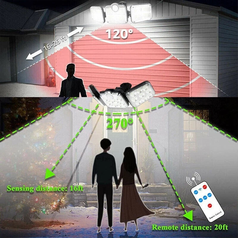 138 LED 3 Head Solar Motion Sensor Security Light IP65 Remote Control 2400mAh