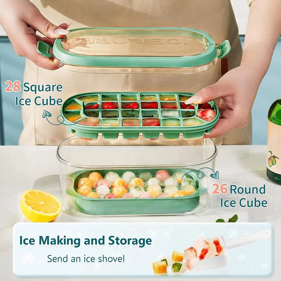 54 Grid Ice Cube Tray Set Silicone Moulds with Storage Box Lid Scoop Green