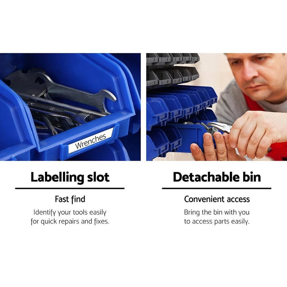 30 Bin Wall Mounted Storage Rack Organiser 18 Small 12 Large Bins Garage Workshop