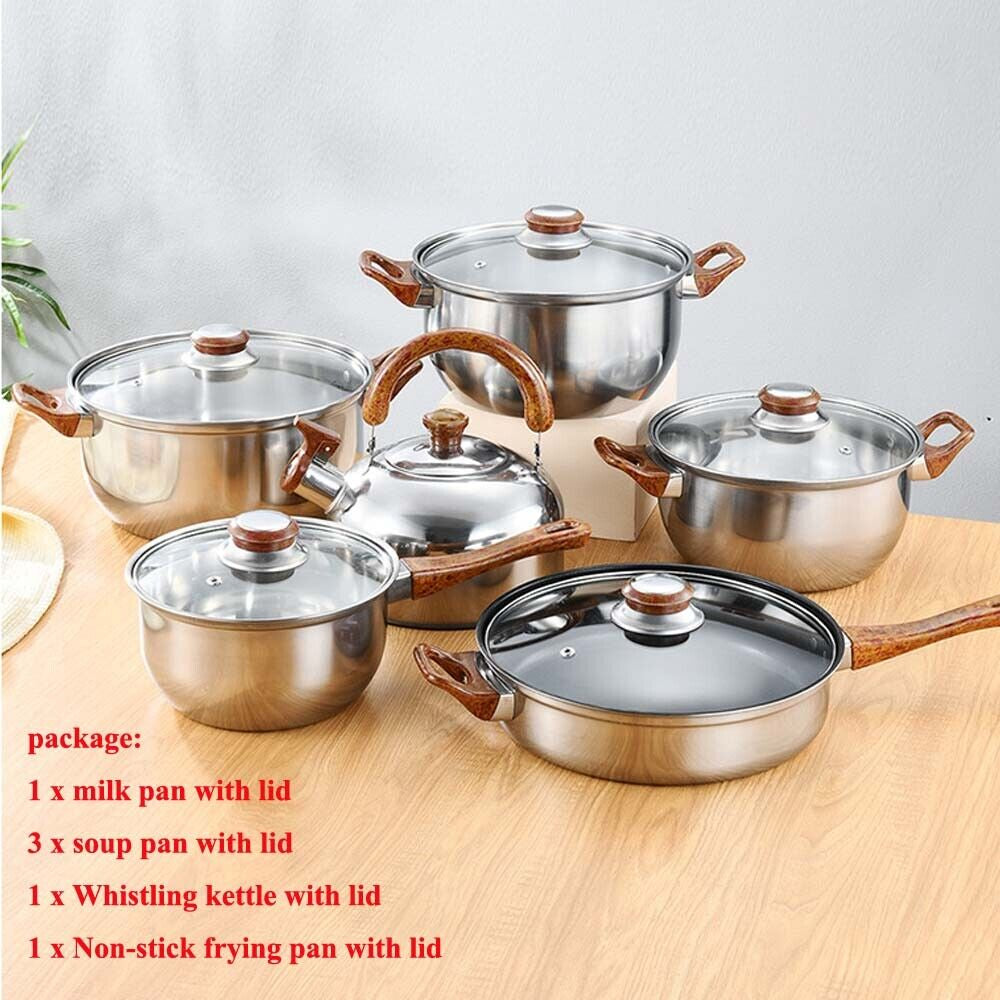 12Piece Cookware Set Kitchen Stainless Steel Stock Pot Pan Sets Saucepan Casser