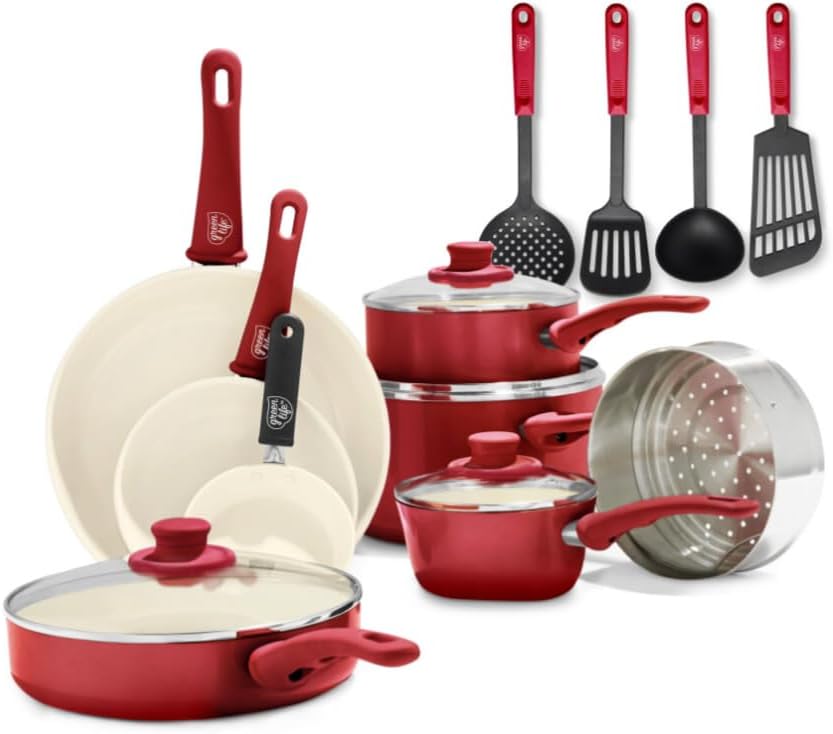 Soft Grip Healthy Ceramic Nonstick, 16 Pc Cookware Pots and Pans Set