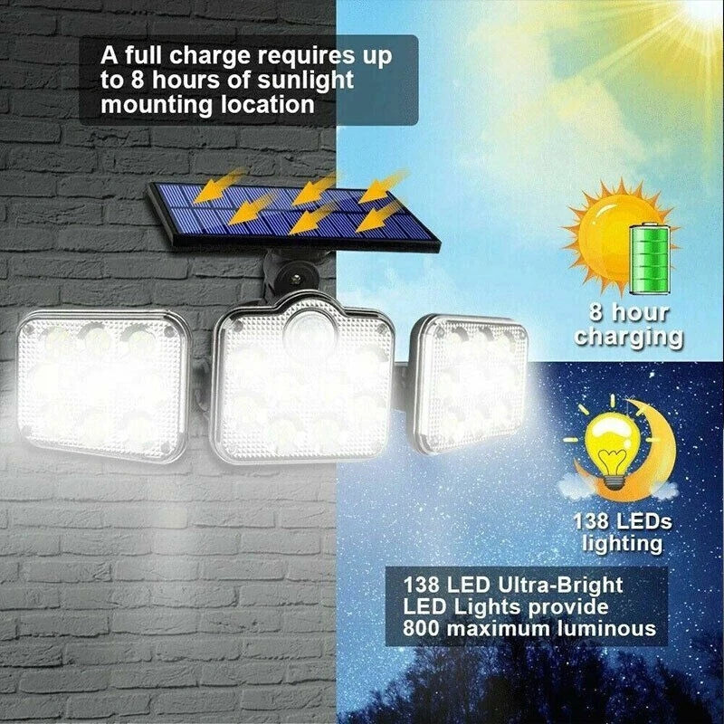138 LED 3 Head Solar Motion Sensor Security Light IP65 Remote Control 2400mAh