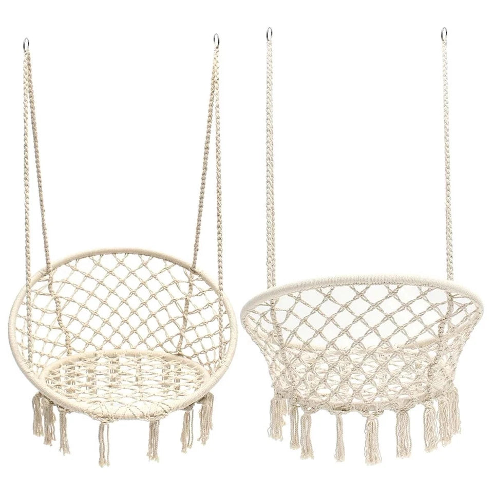 Macrame Hammock Chair Cotton Rope Swing Seat Beige Indoor Outdoor 120cm 150kg