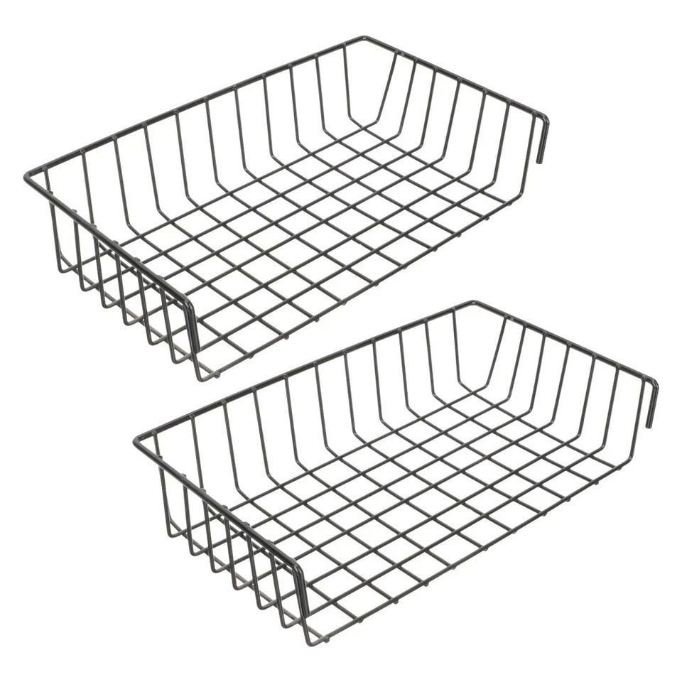 Set of 2 Wall Mounted Iron Grid Storage Baskets Black Hanging Organizers 22.5cm