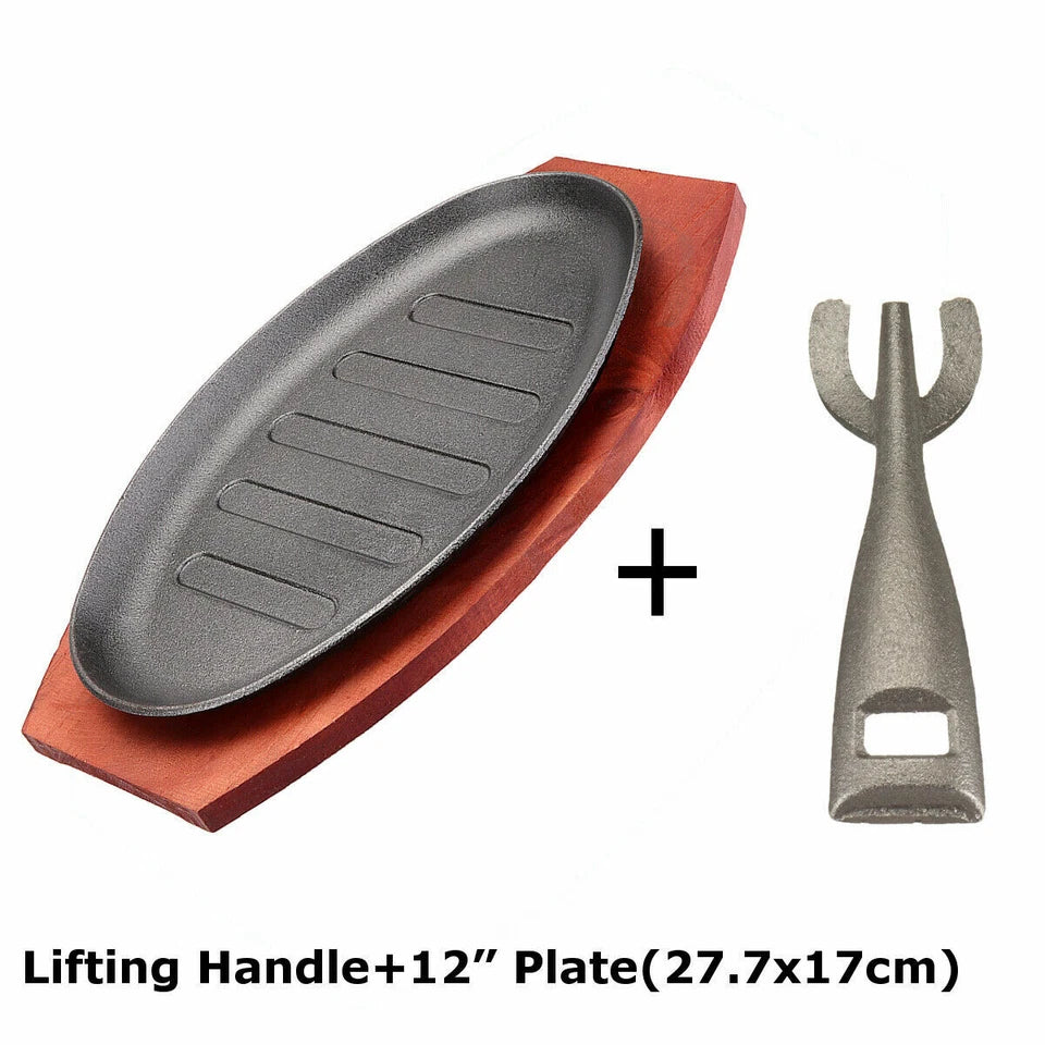 12" Cast Iron Steak Plate Sizzling Serving Platter Pan Sizzler Plate & Wood Base