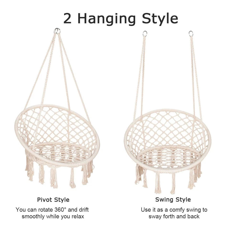 Macrame Hammock Chair Cotton Rope Swing Seat Beige Indoor Outdoor 120cm 150kg